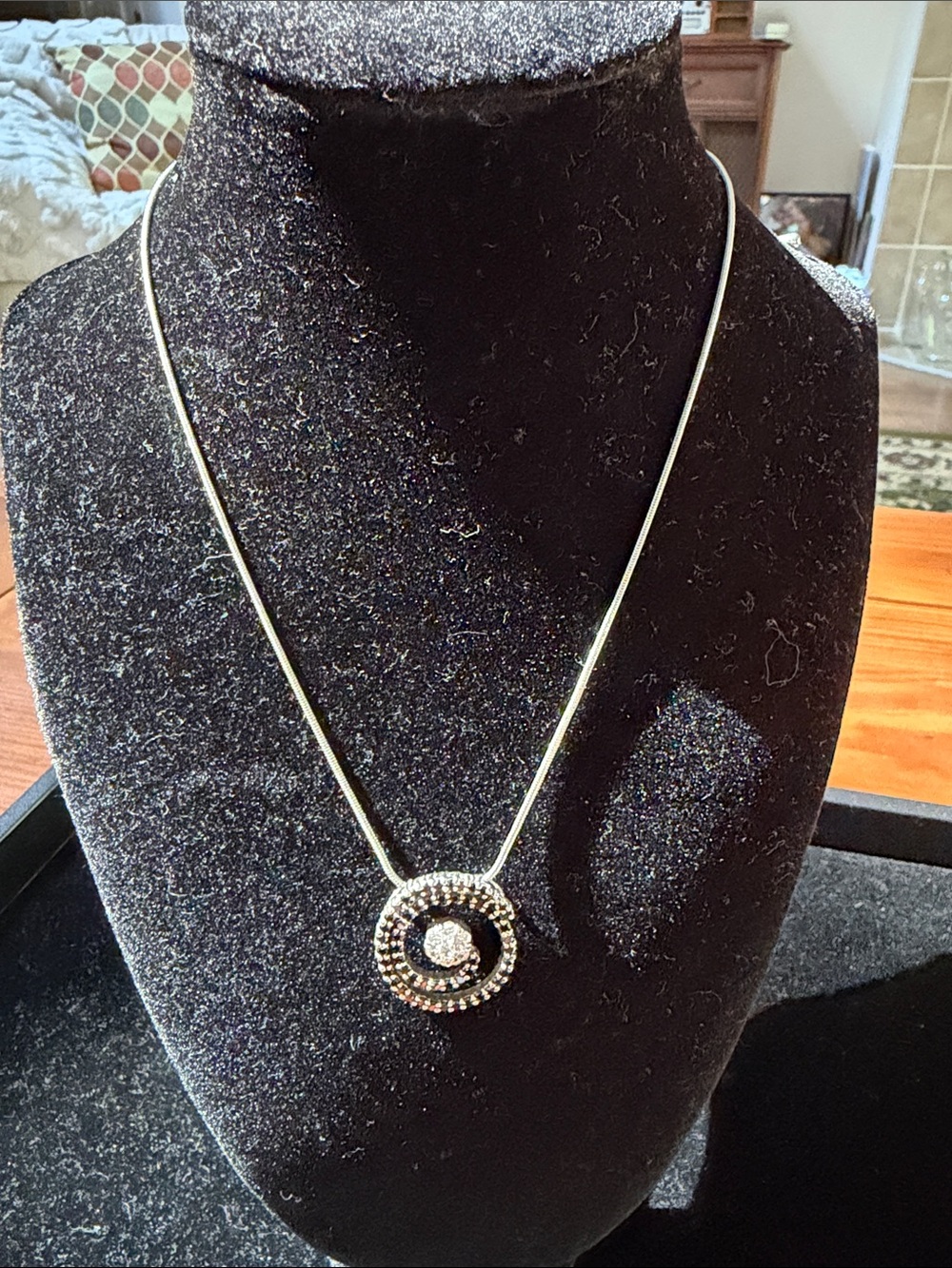 Kiam Family Silver Circle Pendant Necklace with Black and Clear Accents